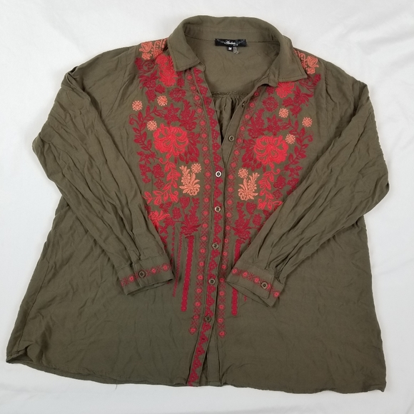 Andrea by Unit Embroidered Shirt Olive Green Shirt Soft Lightweight Size M - Picture 2 of 10